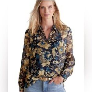 Soft Surroundings Viola Shimmering‎ Sheer Floral Metallic Blouse